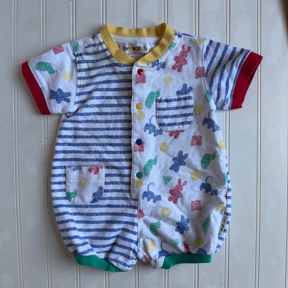Vintage 90s Gymboree Baby Romper Primary Colors Striped Animal Print 100% Cotton
